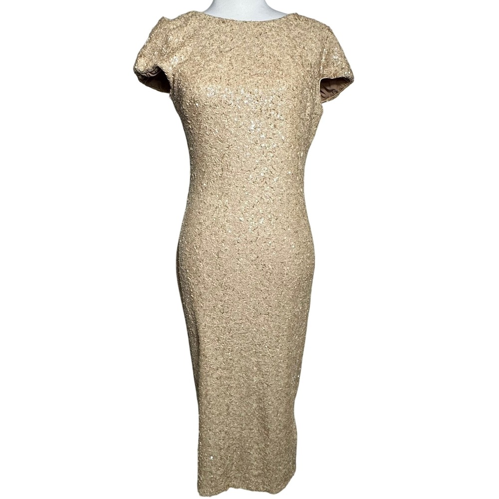 DRESS THE POPULATION Large Gold‎ Champagne All Over Sequin Marcella Midi Dress
